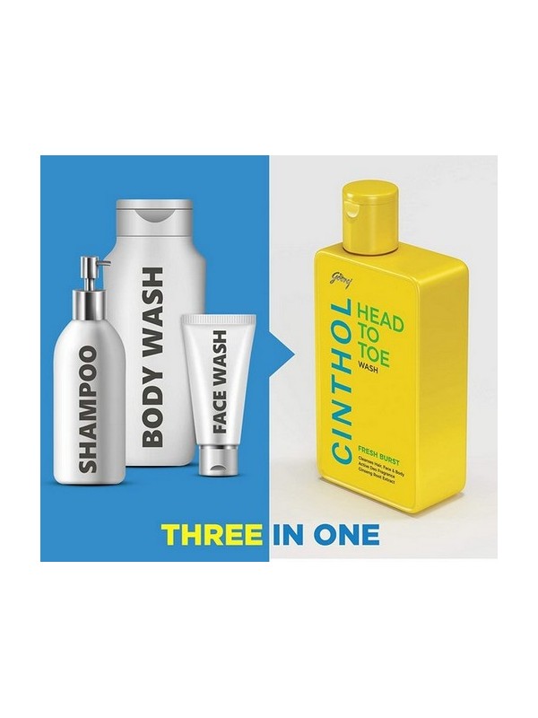 Cinthol Head To Toe 3-In-1 Wash (Shampoo Face And Body) - Fresh Burst 190ml