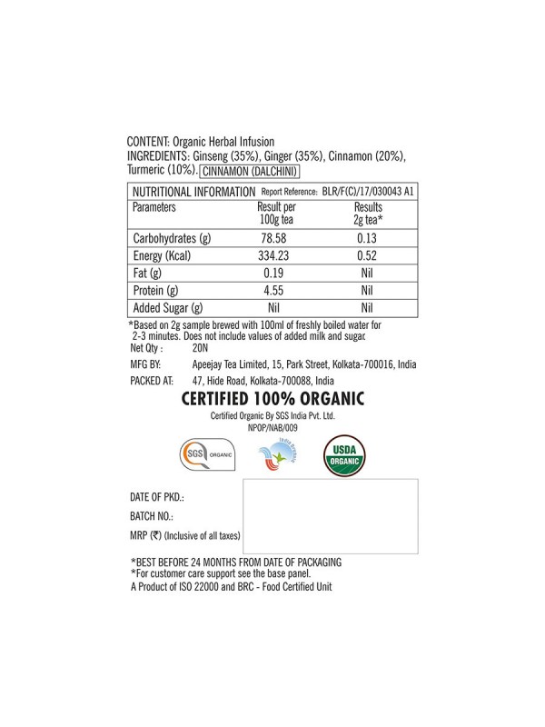Typhoo Cleansing Organic Root Remedy Ginger - Ginseng - Turmeric Herbal Infusion Bags Box  (20 Bags)