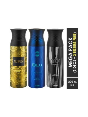 Ajmal Aurum & Blu & Carbon Deodorant Spray for Men & Women (200 ml, Pack Of 3)
