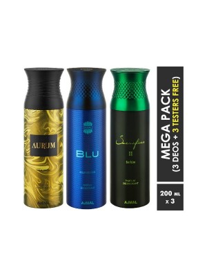 Ajmal Aurum & Blu & Sacrifice II Deodorant Spray for Men & Women (200 ml, Pack Of 3)