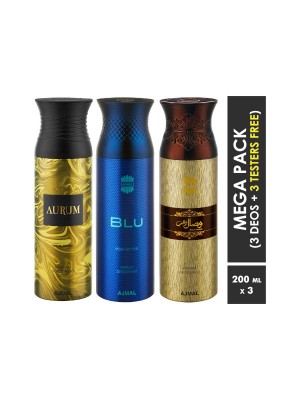 Ajmal Aurum & Blu & Wisal Dahab Deodorant Spray for Men & Women (200 ml, Pack Of 3)