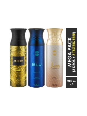 Ajmal Aurum & Blu & Wisal Deodorant Spray for Men & Women (200 ml, Pack Of 3)