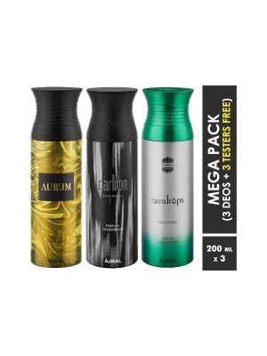 Ajmal Aurum & Carbon & Raindrops Deodorant Spray for Men & Women (200 ml, Pack Of 3)