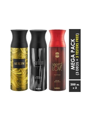 Ajmal Aurum & Carbon & Sacred love Deodorant Spray for Men & Women (200 ml, Pack Of 3)