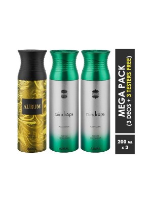 Ajmal Aurum & Raindrops & Raindrops Deodorant Spray  for Women (200 ml, Pack Of 3)