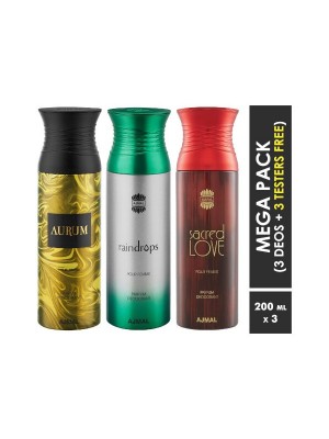 Ajmal Aurum & Raindrops & Sacredlove Deodorant Spray  for Women (200 ml, Pack Of 3)