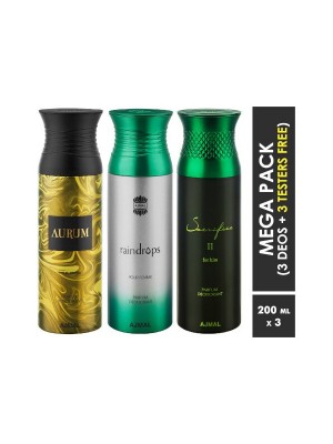 Ajmal Aurum & Raindrops & Sacrifice II Deodorant Spray  for Men & Women (200 ml, Pack Of 3)