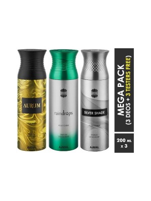Ajmal Aurum & Raindrops & Silver shade Deodorant Spray  for Men & Women (200 ml, Pack Of 3)