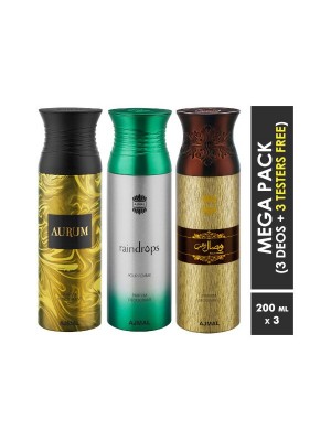 Ajmal Aurum & Raindrops & Wisal Dahab Deodorant Spray  for Men & Women (200 ml, Pack Of 3)