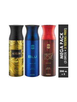 Ajmal Aurum & Blu & Sacred Love Deodorant Spray  for Men & Women (200 ml, Pack Of 3)