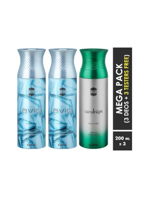 Ajmal Avid & Avid & Raindrops Deodorant Spray  for Men & Women (200 ml, Pack Of 3)