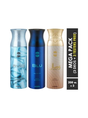 Ajmal Avid & Blu & Wisal Deodorant Spray  for Men & Women (200 ml, Pack Of 3)