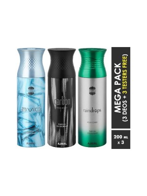 Ajmal Avid & Carbon & Raindrops Deodorant Spray  for Men & Women (200 ml, Pack Of 3)