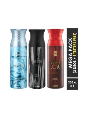 Ajmal Avid & Carbon & Sacred love Deodorant Spray  for Men & Women (200 ml, Pack Of 3)