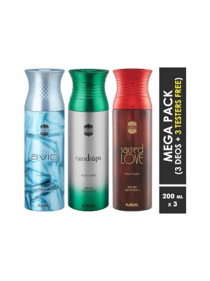 Ajmal Avid & Raindrops & Sacred love Deodorant Spray  for Men & Women (200 ml, Pack Of 3)