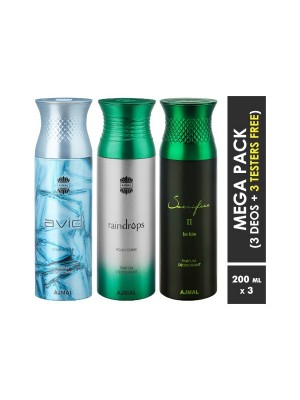 Ajmal Avid & Raindrops & Sacrifice II Deodorant Spray  for Men & Women (200 ml, Pack Of 3)