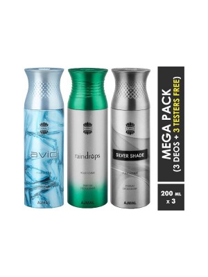 Ajmal Avid & Raindrops & Silvershade Deodorant Spray  for Men & Women (200 ml, Pack Of 3)