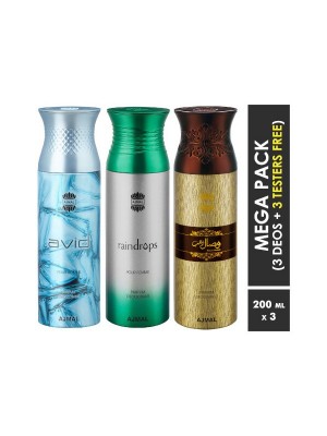 Ajmal Avid & Raindrops & Wisal Dahab Deodorant Spray  for Men & Women (200 ml, Pack Of 3)
