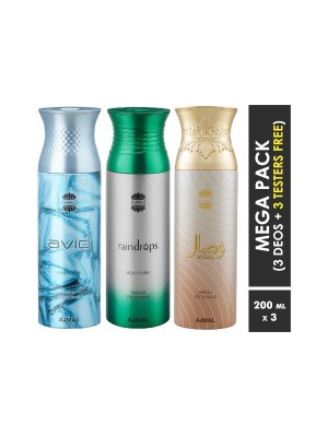 Ajmal Avid & Raindrops & Wisal Deodorant Spray  for Men & Women (200 ml, Pack Of 3)