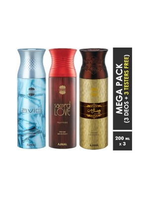 Ajmal Avid & Sacred Love & Wisal Dahab Deodorant Spray  for Men & Women (200 ml, Pack Of 3)