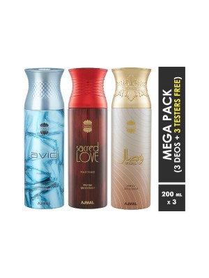 Ajmal Avid & Sacred Love & Wisal Deodorant Spray  for Men & Women (200 ml, Pack Of 3)
