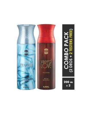 Ajmal Avid Homme & Sacred Love Deodorant Spray for Men & Women (200 ml, Pack Of 2)