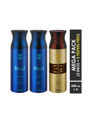 Ajmal Blu & Blu & Wisal Dahab Deodorant Spray  for Men (200 ml, Pack Of 3)