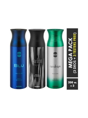 Ajmal Blu & Carbon & Raindrops Deodorant Spray  for Men & Women (200 ml, Pack Of 3)