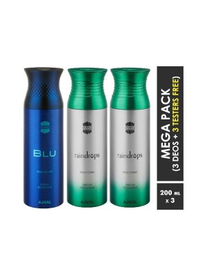 Ajmal Blu & Raindrops & Raindrops Deodorant Spray  for Men & Women (200 ml, Pack Of 3)