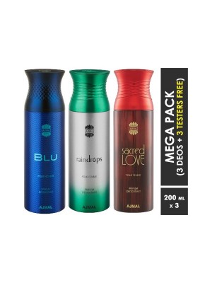 Ajmal Blu & Raindrops & Sacred Love Deodorant Spray  for Men & Women (200 ml, Pack Of 3)