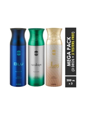 Ajmal Blu & Raindrops & Wisal Deodorant Spray  for Men & Women (200 ml, Pack Of 3)