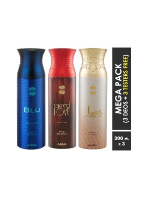 Ajmal Blu & Sacred Love & Wisal Deodorant Spray  for Men & Women (200 ml, Pack Of 3)