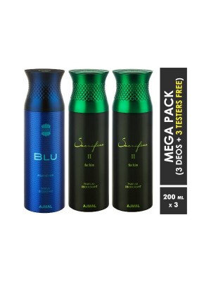 Ajmal Blu & Sacrifice II & Sacrifice II Deodorant Spray  for Men (200 ml, Pack Of 3)