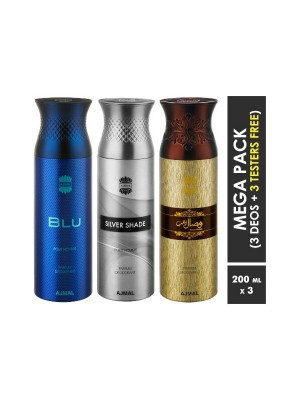 Ajmal Blu & Silver Shade & Wisal Dahab Deodorant Spray  for Men (200 ml, Pack Of 3)