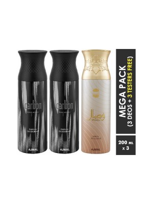 Ajmal Carbon & Carbon & Wisal Deodorant Spray  for Men & Women (200 ml, Pack Of 3)