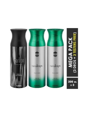 Ajmal Carbon & Raindrops & Raindrops Deodorant Spray  for Men & Women (200 ml, Pack Of 3)