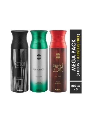 Ajmal Carbon & Raindrops & Sacred love Deodorant Spray  for Men & Women (200 ml, Pack Of 3)
