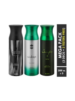Ajmal Carbon & Raindrops & Sacrifice II Deodorant Spray  for Men & Women (200 ml, Pack Of 3)