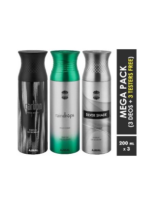 Ajmal Carbon & Raindrops & Silver shade Deodorant Spray  for Men & Women (200 ml, Pack Of 3)