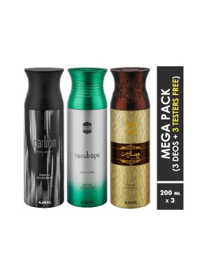 Ajmal Carbon & Raindrops & Wisal Dahab Deodorant Spray  for Men & Women (200 ml, Pack Of 3)