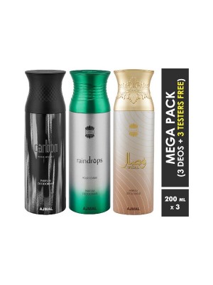 Ajmal Carbon & Raindrops & Wisal Deodorant Spray  for Men & Women (200 ml, Pack Of 3)