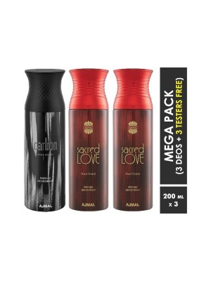 Ajmal Carbon & Sacred Love & Sacred Love Deodorant Spray  for Men & Women (200 ml, Pack Of 3)