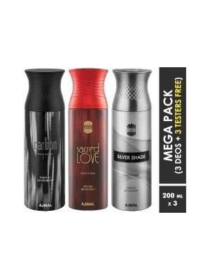 Ajmal Carbon & Sacred love & Silver shade Deodorant Spray  for Men & Women (200 ml, Pack Of 3)