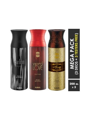Ajmal Carbon & Sacred Love & Wisal Dahab Deodorant Spray  for Men & Women (200 ml, Pack Of 3)