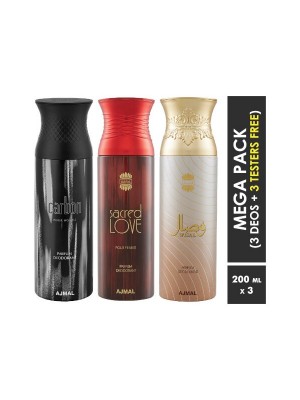 Ajmal Carbon & Sacred Love & Wisal Deodorant Spray  for Men & Women (200 ml, Pack Of 3)