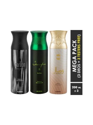 Ajmal Carbon & Sacrifice II & Wisal Deodorant Spray  for Men & Women (200 ml, Pack Of 3)
