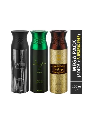 Ajmal Carbon & Sacrifice II & Wisal Dahab Deodorant Spray  for Men (200 ml, Pack Of 3)