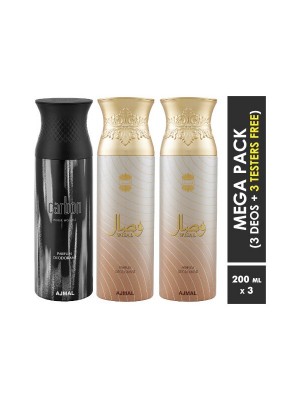 Ajmal Carbon & Wisal Deo & Wisal Deodorant Spray  for Men & Women (200 ml, Pack Of 3)