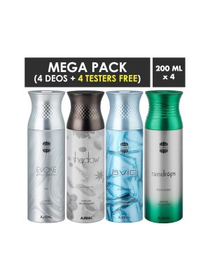 Ajmal Evoke silver Edition Homme, Shadow Homme, Avid & Raindrops Deodorant Sprays for Men (Pack Of 4)