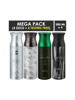 Ajmal Evoke silver Edition, Shadow Homme, Sacrifice II him, Carbon Deodorant Sprays for Men (Pack Of 4)